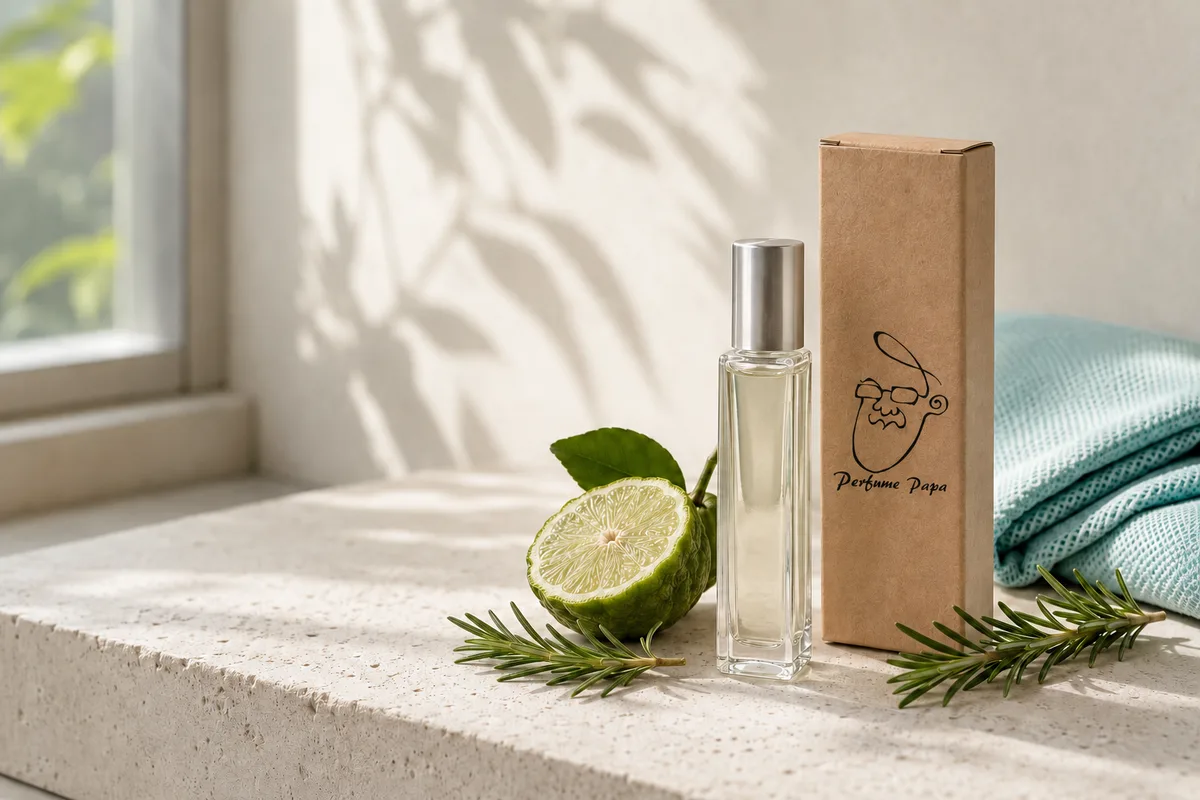 Perfume Papa 單瓶隨身香水與牛皮紙盒,旁有佛手柑與迷迭香
